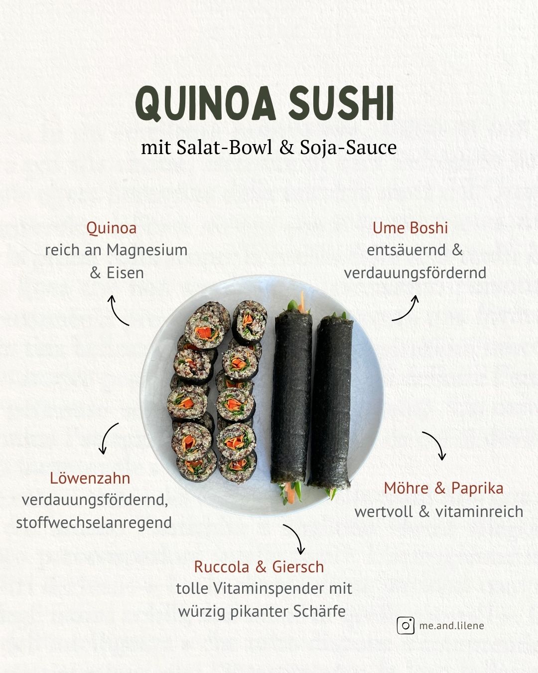 Quinoa Sushi mit Salat-Bowl und Soja Sauce