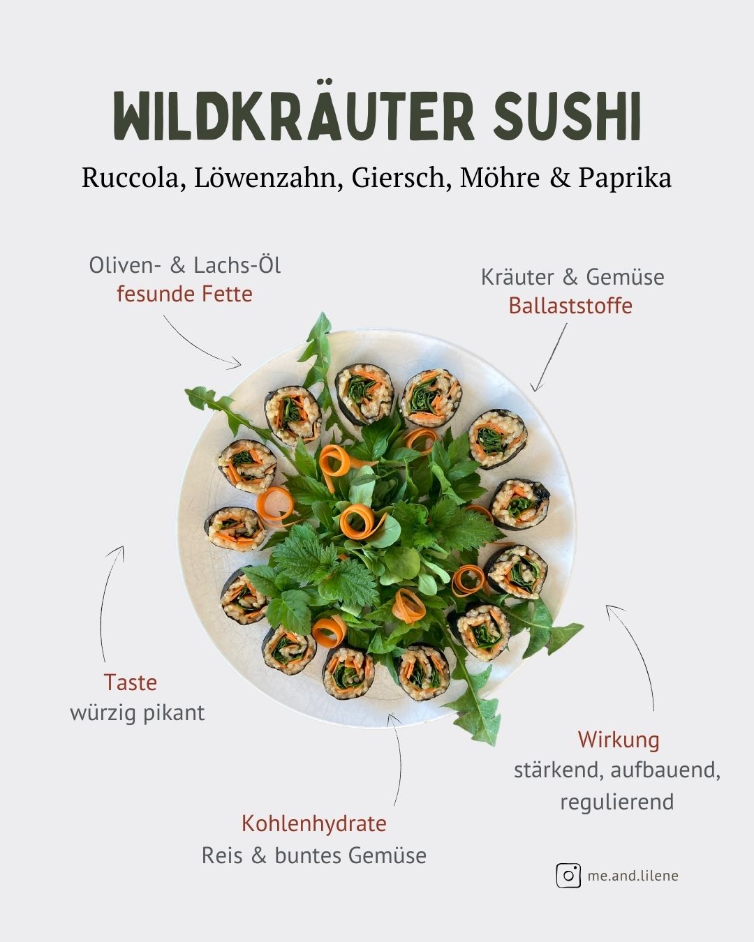 Wildkräuter Sushi mit Ruccola, Löwenzahn, Giersch, Möhre und Paprika